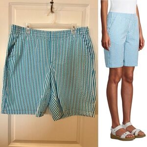 Lands End Bermuda Shorts Aqua Blue & White Stripe Seersucker Mid Rise Pull-On